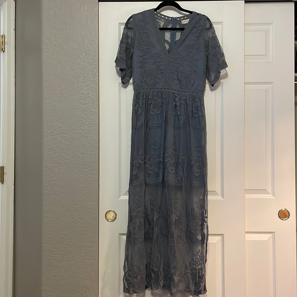 Elegant Lace Overlay Maxi Dress - Slate Blue